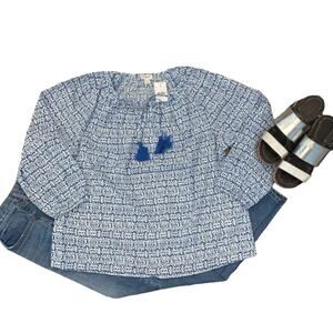 NWT J. Crew Blue and White Raglan Cotton Tassel Tie Boho Top - SIZE MEDIUM